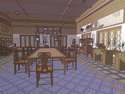 Ancient Architecture Interior With Traditional Wooden Furniture Carved Windows And Decorative Paintings 3d model
