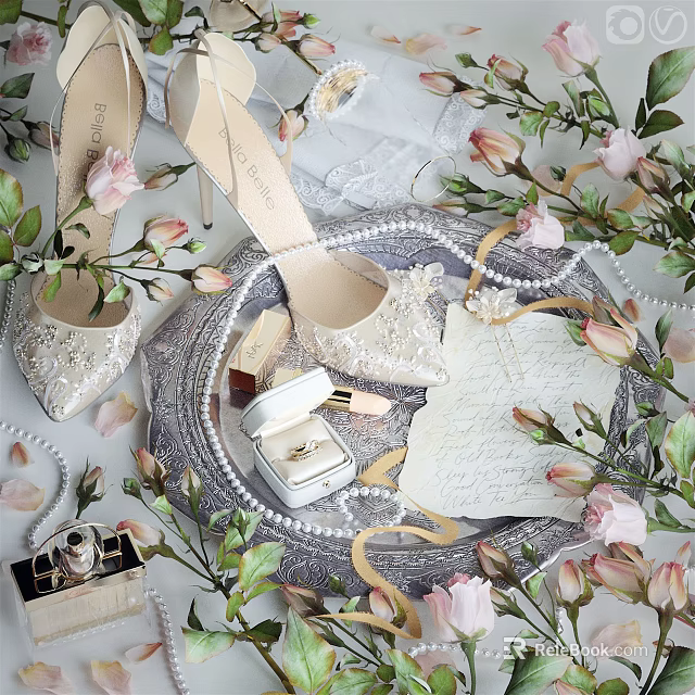 Elegant Wedding Shoes Adorned With Lace And Pearls Surrounded By Pink Flowers 3d model 