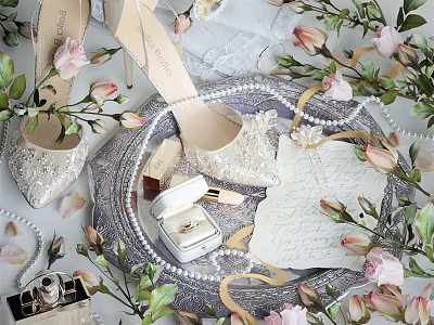 Elegant Wedding Shoes Adorned With Lace And Pearls Surrounded By Pink Flowers 3d model