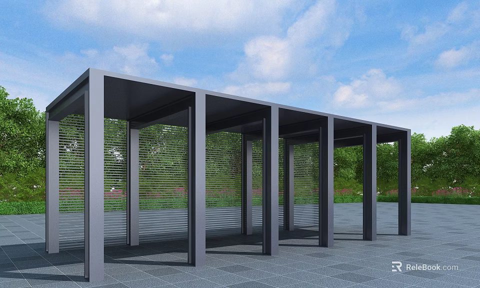 Modern Pergola with Metal Frame and Vertical Pillars Surrounded by Green Trees and Open Landscape 3d model 