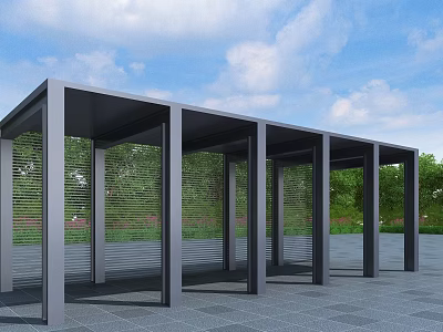 Modern Pergola with Metal Frame and Vertical Pillars Surrounded by Green Trees and Open Landscape 3d model