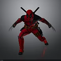 Deadpool in Red Black Costume with Samurai Swords and Clawed Hands Fighting Stance