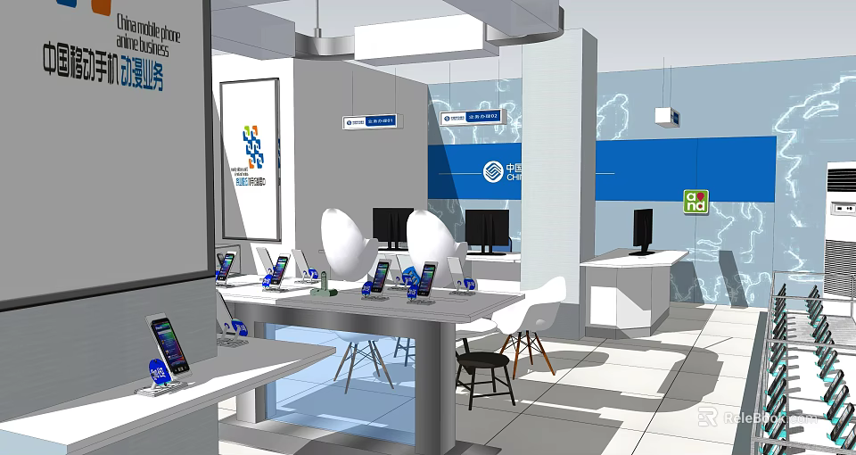 Modern Digital Store Interior With Display Tables Mobile Phones And Cabinets 3d model
