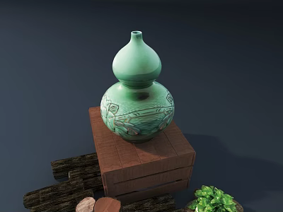 Decorative Green Gourd Shaped Ceramic Vessel With Intricate Patterns On Wooden Base 3d model