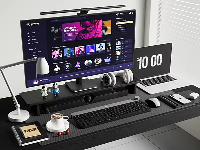 Modern Desktop Workspace With Dual Monitors Streaming Interface Keyboard Mouse Headphones And Desk Lamp 3d model