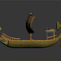 Traditional Wooden Boat With Green Hull Orange Sail Decorative Bow Seats And Oars