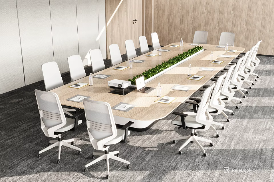 Modern Long Conference Table With White Office Chairs Notebooks And Central Green Plant 3d model 