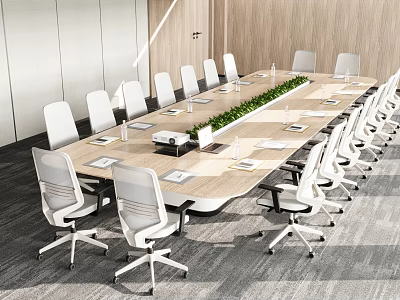 Modern Long Conference Table With White Office Chairs Notebooks And Central Green Plant 3d model