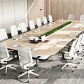 Modern Long Conference Table With White Office Chairs Notebooks And Central Green Plant