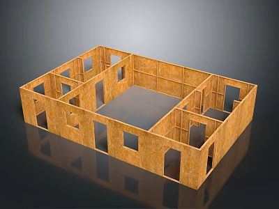 Residential Building Frame Construction With Wooden Structure Room Layout And Window Door Openings 3d model
