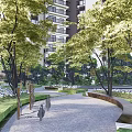 Tranquil Residential Landscape with Lush Trees Stone Pathway Green Lawn and Colorful Flowers