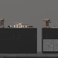 Black Sideboard Design With Patterned Panel Topped With Coffee Machine Bottles Jars And Decor 3d model
