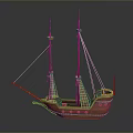 Wooden Ship Model With Two Masts Detailed Hull And Blue Accents