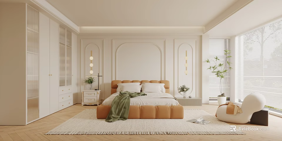 Modern Bedroom Interior Design With Orange Headboard Bed White Wardrobes Recessed Lighting And Potted Plant 3d model 