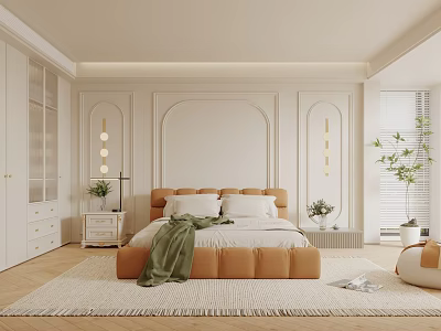 Modern Bedroom Interior Design With Orange Headboard Bed White Wardrobes Recessed Lighting And Potted Plant 3d model