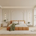 Modern Bedroom Interior Design With Orange Headboard Bed White Wardrobes Recessed Lighting And Potted Plant