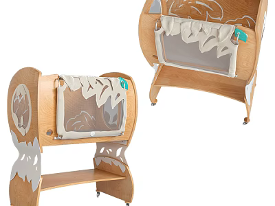 Wooden Baby Crib With Decorative Lion Pattern Storage Shelf And Wheels 3d model