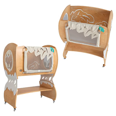 Wooden Baby Crib With Decorative Lion Pattern Storage Shelf And Wheels 3d model