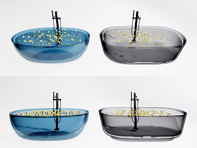 Transparent Blue And Gray Bathtubs With Golden Particles And Metal Stand 3d model