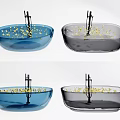 Transparent Blue And Gray Bathtubs With Golden Particles And Metal Stand