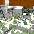 Urban Modern Post Station with High Rise Buildings Landscaped Greenery and Water Features