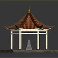 Traditional Pavilion With Red Tiled Roof Golden Spire White Pillars Wooden Base And Stone Lantern
