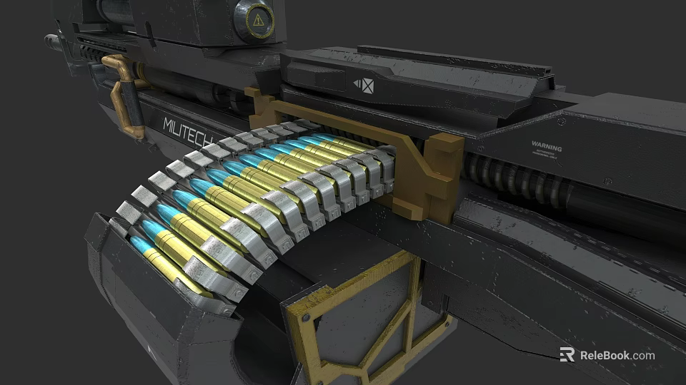 Tactical Black and Gold Firearm Body with MUTECH Logo and Yellow Blue Ammunition Belt 3d model 