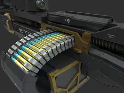 Tactical Black and Gold Firearm Body with MUTECH Logo and Yellow Blue Ammunition Belt 3d model