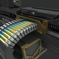 Tactical Black and Gold Firearm Body with MUTECH Logo and Yellow Blue Ammunition Belt