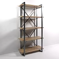 Modern Wooden Multi Tier Storage Shelf With Metal Cross Frame And Open Design