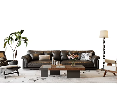 Modern Black Leather Sofa And Wooden Coffee Table Set With Pillows Plant And Floor Lamp 3d model