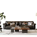 Modern Black Leather Sofa And Wooden Coffee Table Set With Pillows Plant And Floor Lamp