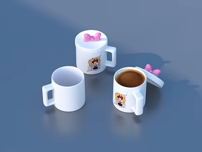 White Ceramic Mugs With Cartoon Character Pink Bow Decorations Open Lid And Coffee 3d model