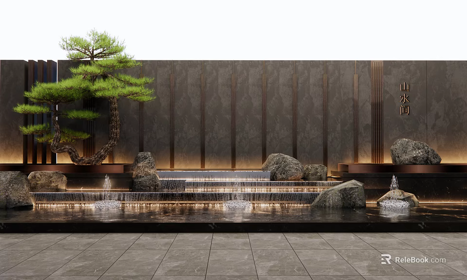 Oriental Landscape Wall Design With Pine Tree Rocks And Stepped Water Features 3d model 