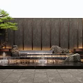 Oriental Landscape Wall Design With Pine Tree Rocks And Stepped Water Features 3d model