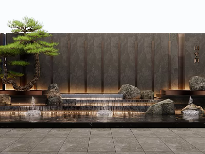 Oriental Landscape Wall Design With Pine Tree Rocks And Stepped Water Features 3d model