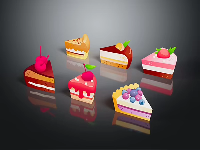 Delicious Colorful Cake Slices with Various Fruits and Cream Decorations on Dark Background 3d model