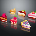 Delicious Colorful Cake Slices with Various Fruits and Cream Decorations on Dark Background