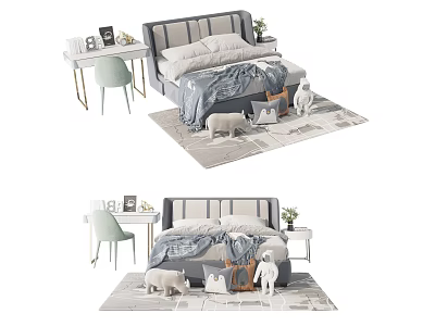 Kids Bed With Striped Headboard Soft Quilt Pillows Small Desk Chair And Stuffed Animals 3d model