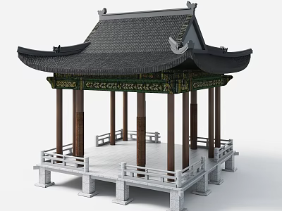 Traditional Chinese Pavilion Featuring Black Tiled Roof Wooden Columns Carved Decorations And White Railings 3d model