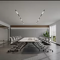 Modern Conference Room Interior With Long Table Chairs Ceiling Lighting Windows And Plants 3d model
