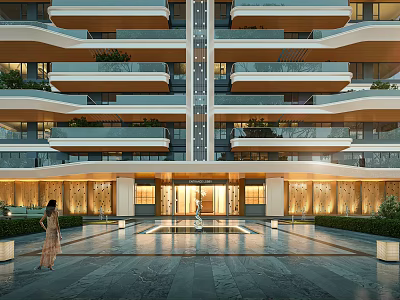 Modern High Rise Building Main Entrance with Illuminated Facade Glass Doors and Landscaped Water Feature 3d model