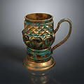Decorative Mug With Diamond Pattern Curved Handle And Verdigris Gold Color