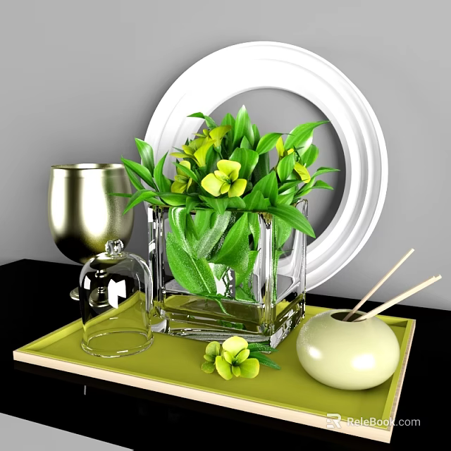 Decorative Ornament Set With Vase Yellow Flowers Golden Cup White Aroma Bottle On Green Tray 3d model 