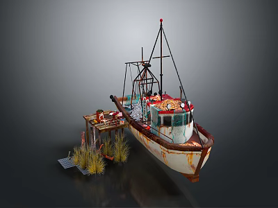 Rusty Old Fishing Boat Moored At Small Dock With Mast And Gear 3d model