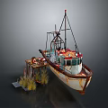 Rusty Old Fishing Boat Moored At Small Dock With Mast And Gear