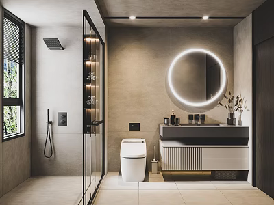Modern Bathroom Interior With Round Mirror Glass Shower Vanity And Toilet 3d model