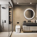 Modern Bathroom Interior With Round Mirror Glass Shower Vanity And Toilet
