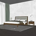 Modern Bedroom Interior With Wooden Bed Upholstered Headboard Green Curtains Rug And Natural Light