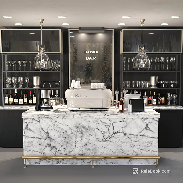 Modern Bar Interior With Marble Countertop Hanging Lights Wine Glasses And Coffee Machine 3d model 